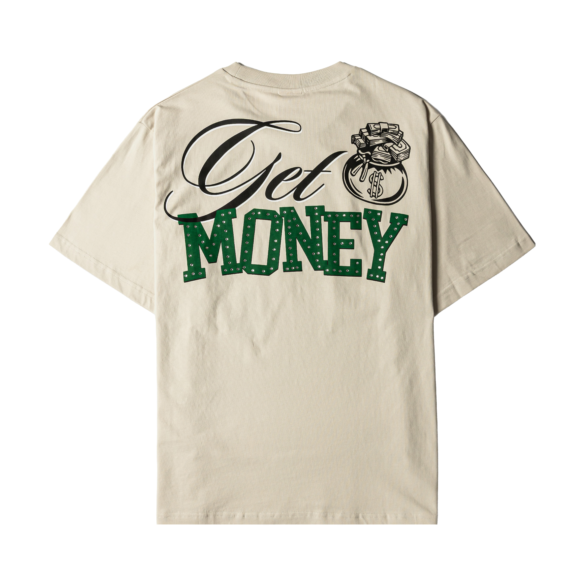 Beige t-shirt featuring a Monopoly money graphic and colorful game pieces.