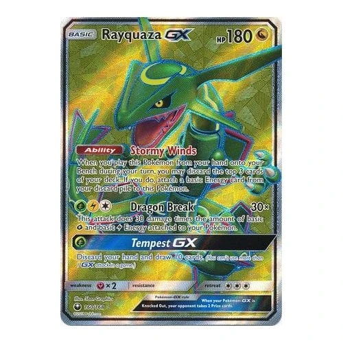 Rayquaza GX Full Art Pokémon card featuring vibrant colors and abilities.