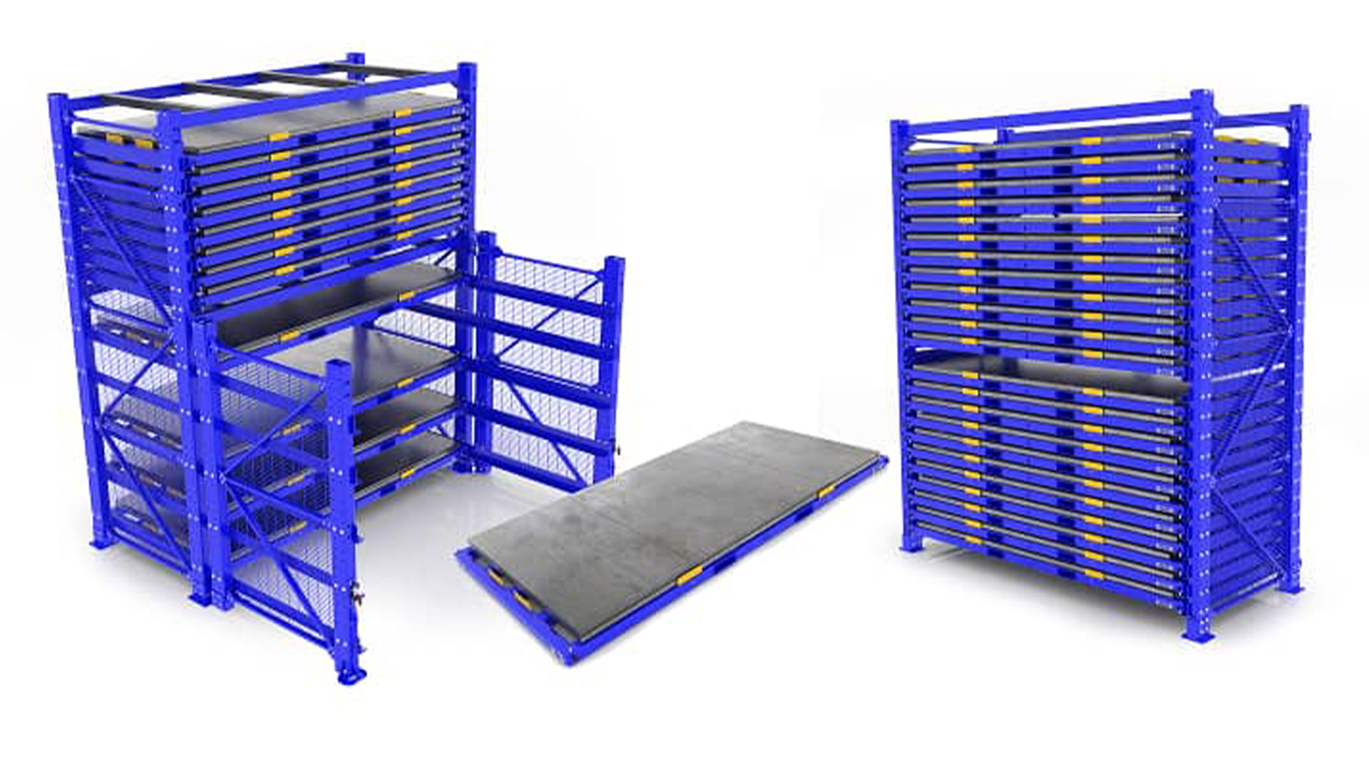Blue storage racks with stacked layers and a removable platform.