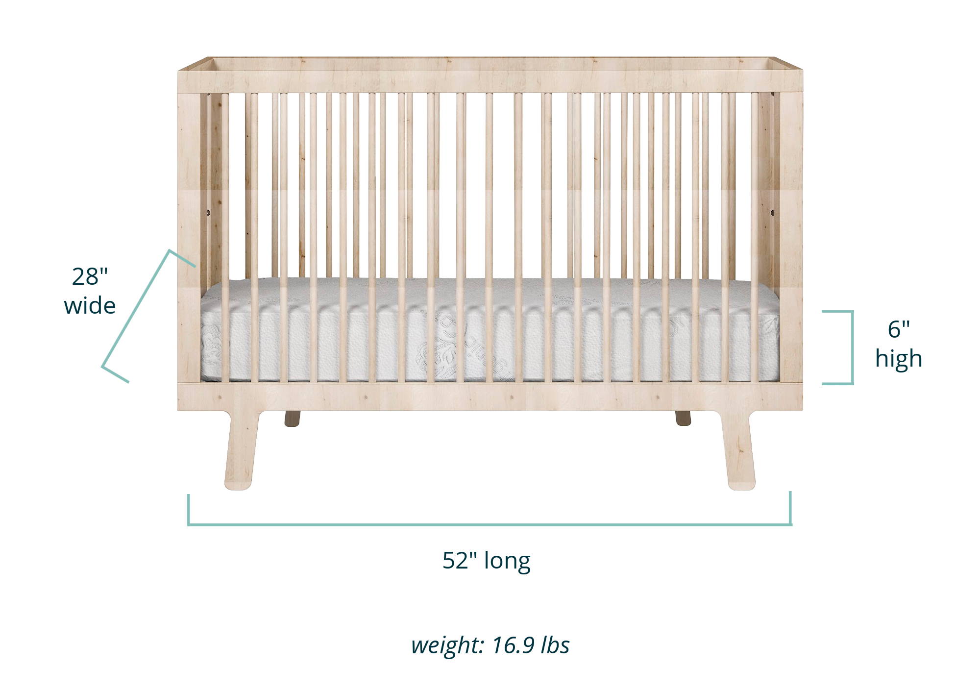 Hybrid Support Luxe crib mattress in a crib showing dimensions of 28