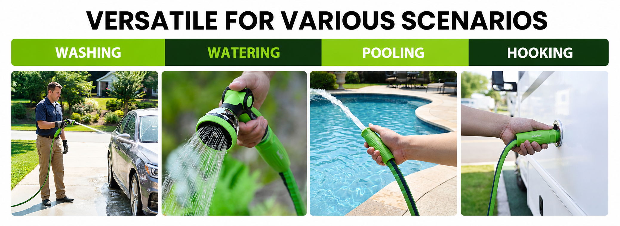 Versatile hose use for watering, pooling, washing, and other scenarios.