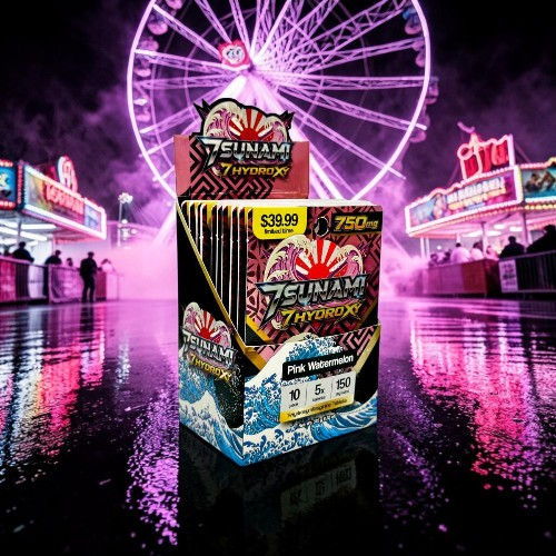 Colorful fireworks box in front of a carnival backdrop with a Ferris wheel.