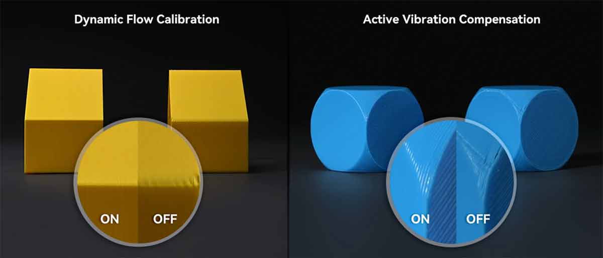 Dynamic flow calibration and active vibration compensation comparison.