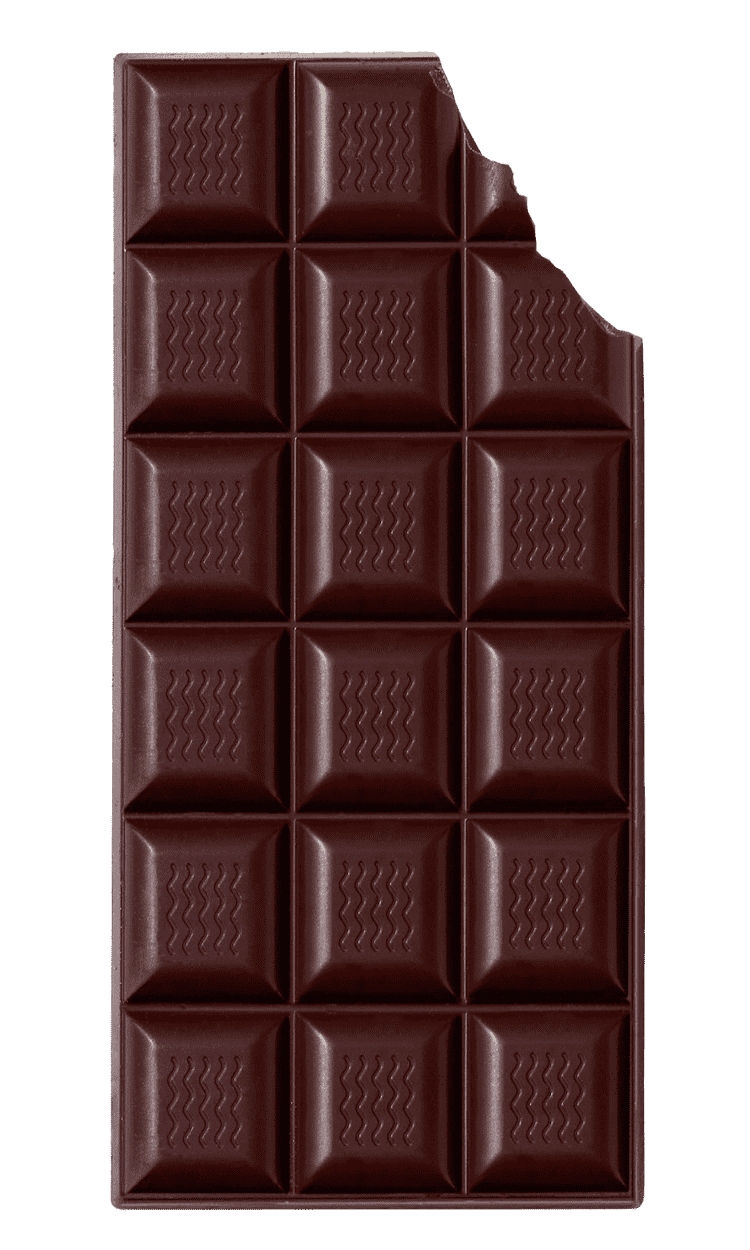 A chocolate bar with 16 squares arranged in a grid pattern.