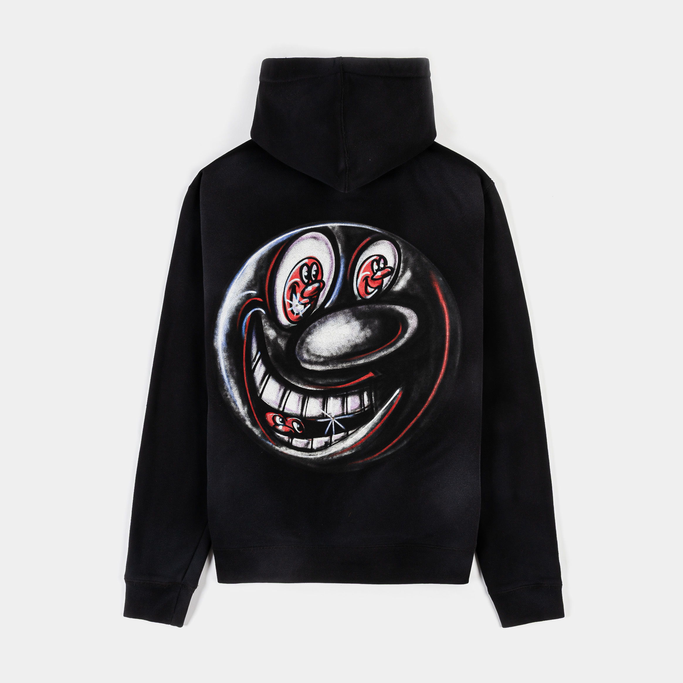 Black hoodie with graphic design on the front.