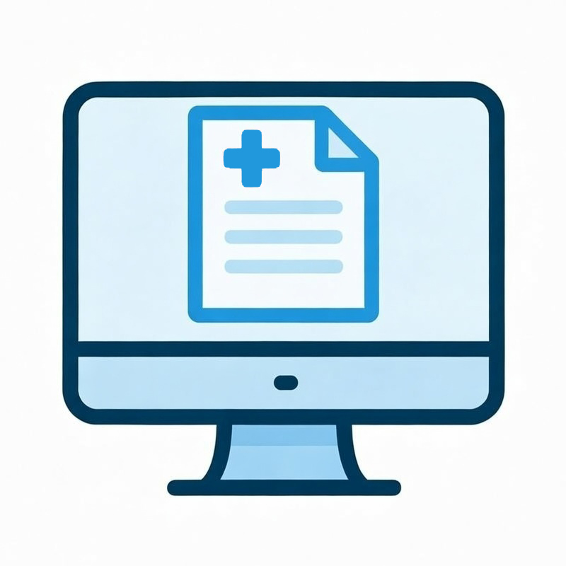 Computer screen displaying a medical document with a plus sign.