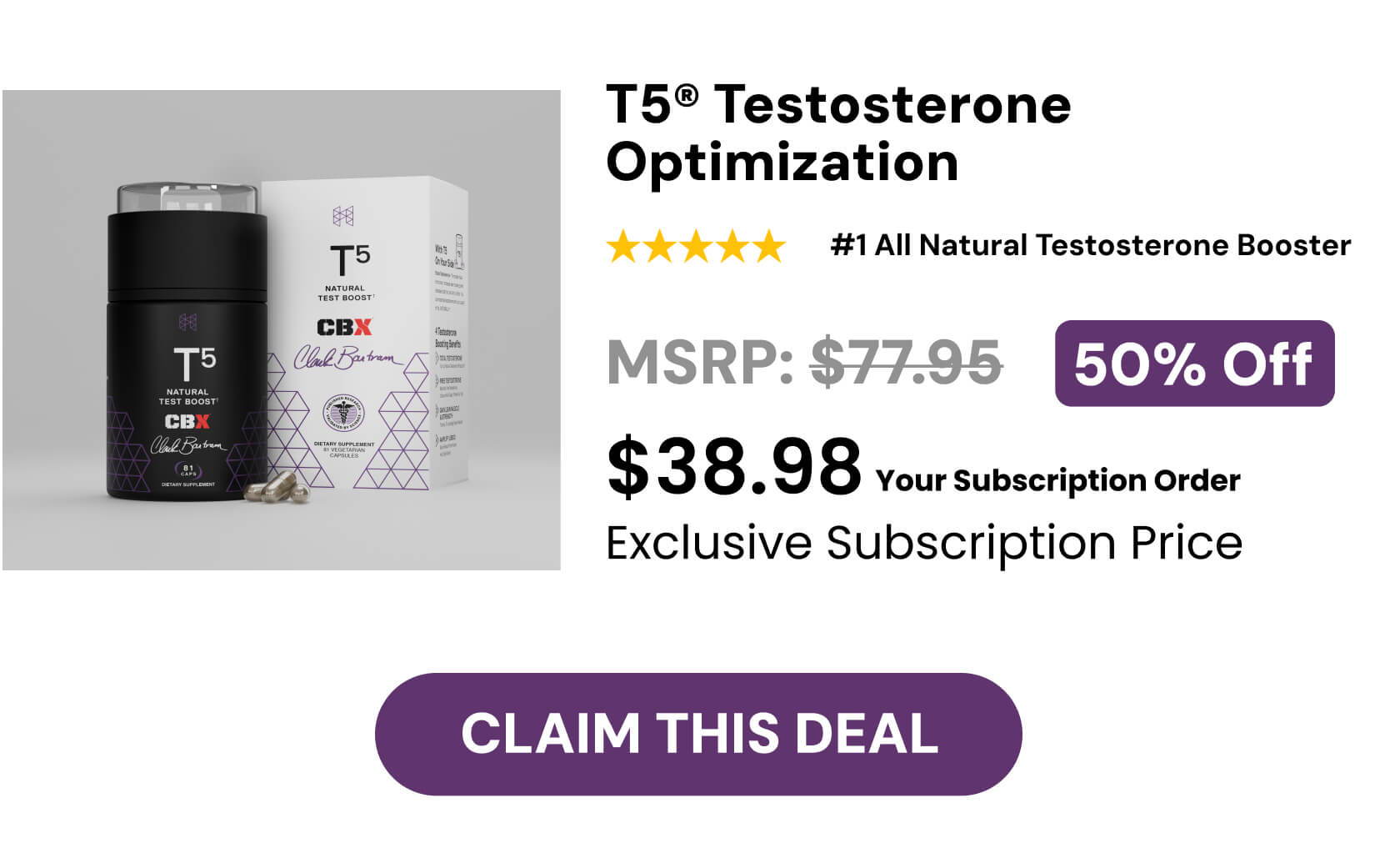 Anuncio del producto Optimización de testosterona T6 con información sobre precios y descuentos.