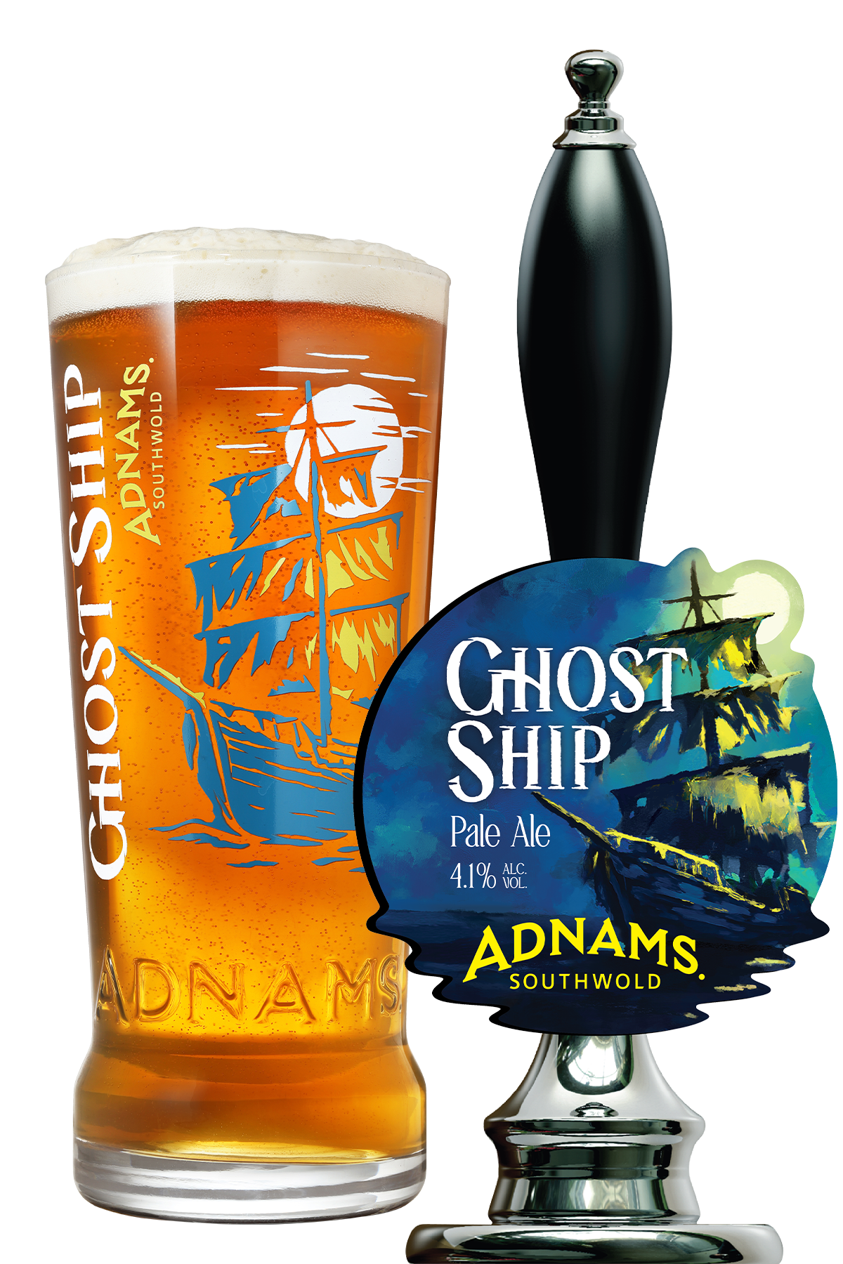 Glass of Ghost Ship beer next to a tap handle.