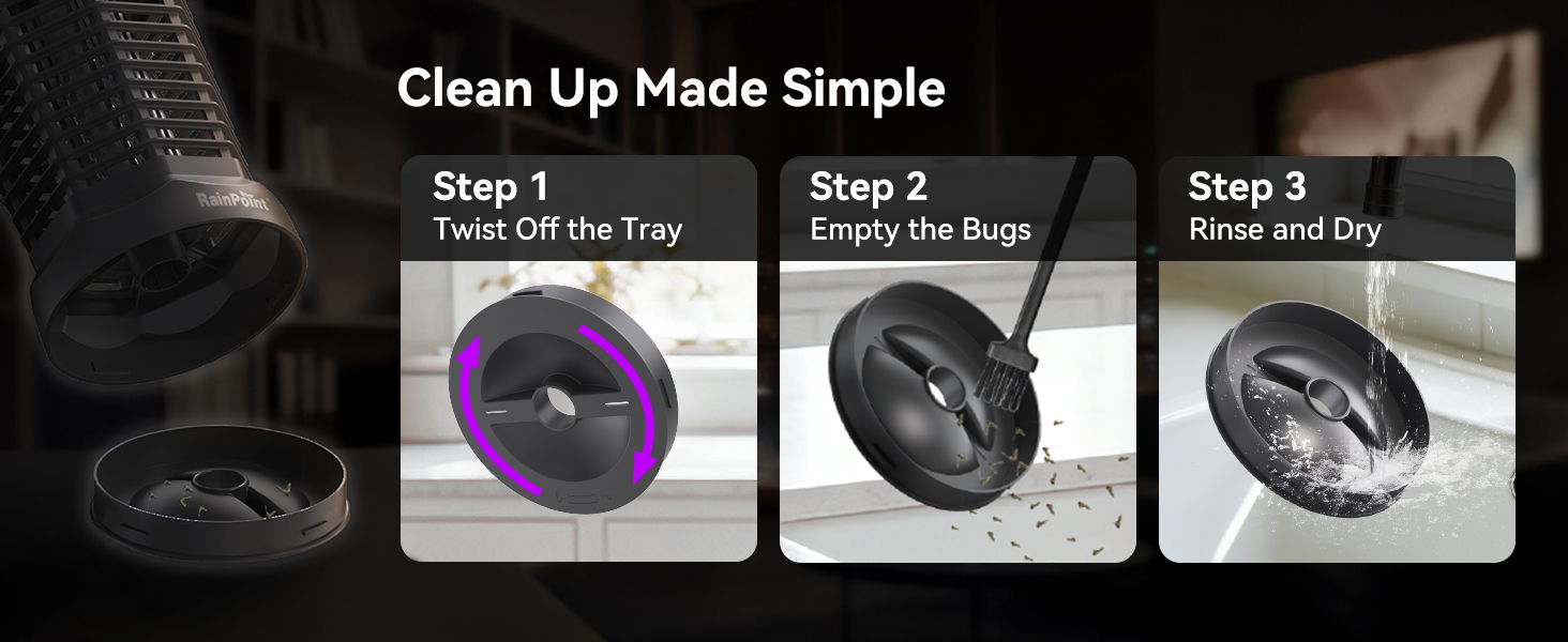 Clean up process: Step 1 - Twist off the top, Step 2 - Simple to bug, Step 3 - Rinse and dry.