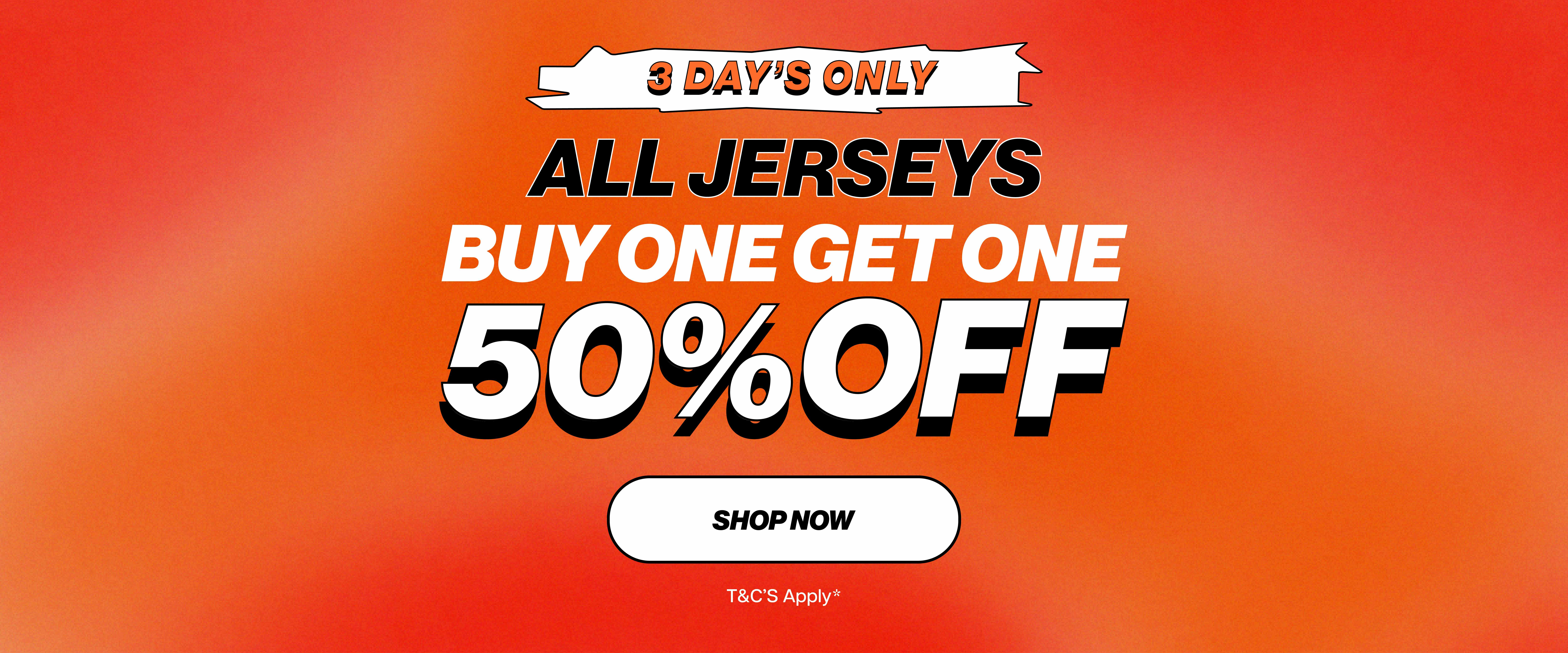 Promotional banner for jerseys: Buy one, get one 50% off.