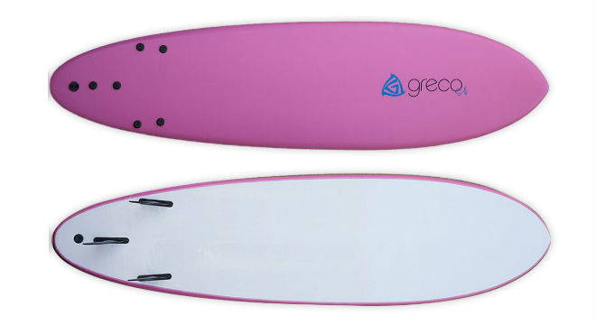 A top and bottom view of a purple soft-top surfboard