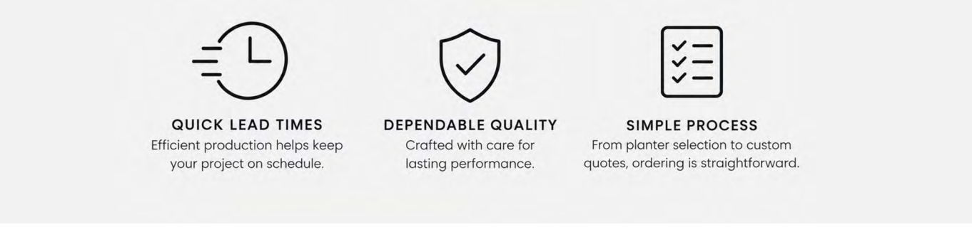 Icons for Quick Lead Times, Dependable Quality, Simple Process