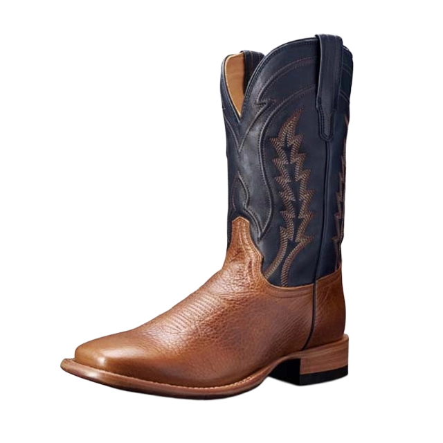 Brown cowboy boot with a black shaft and decorative stitching.