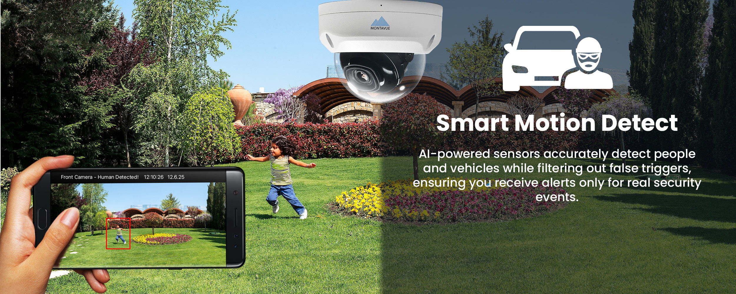 Smart motion detection with camera monitoring and smartphone integration in a backyard setting.