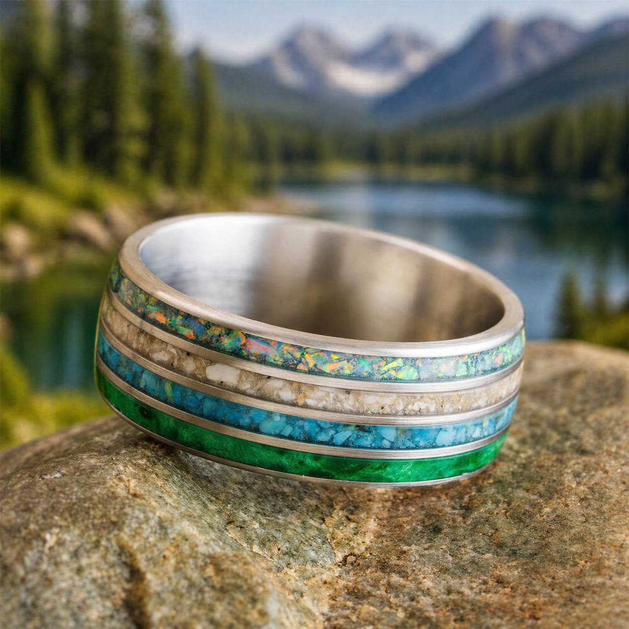 Memorial ring with blue turquoise, opal, and green wood