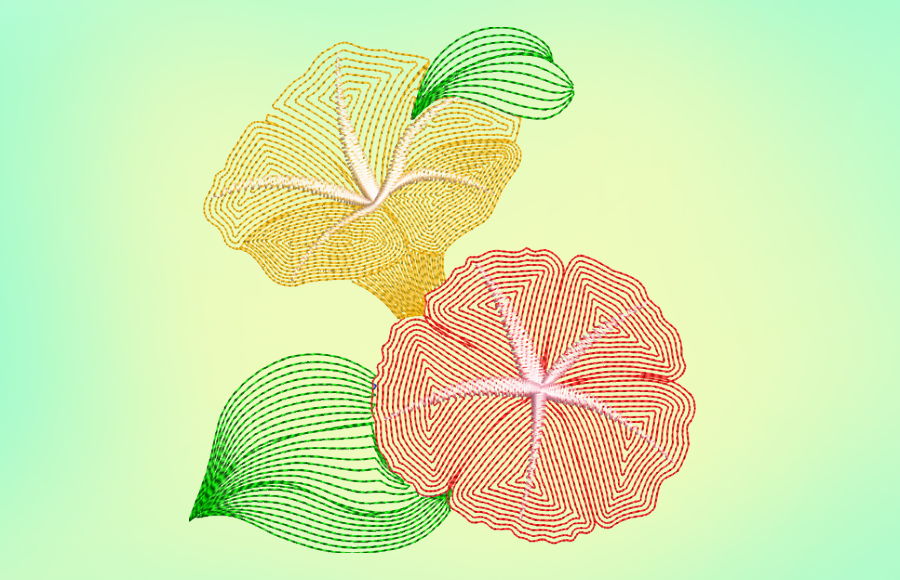 Two stylized flowers with leaves on a light green background.