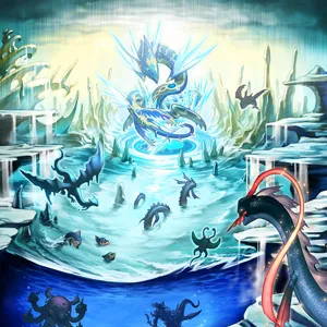 Mythical sea serpents in icy underwater realm