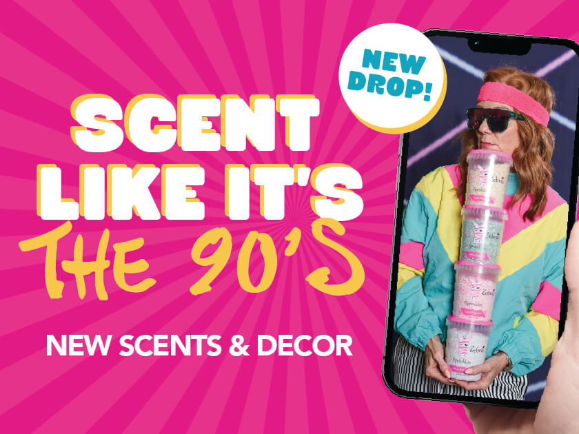 Colorful advertisement for 90s-themed scents and decor featuring a model.