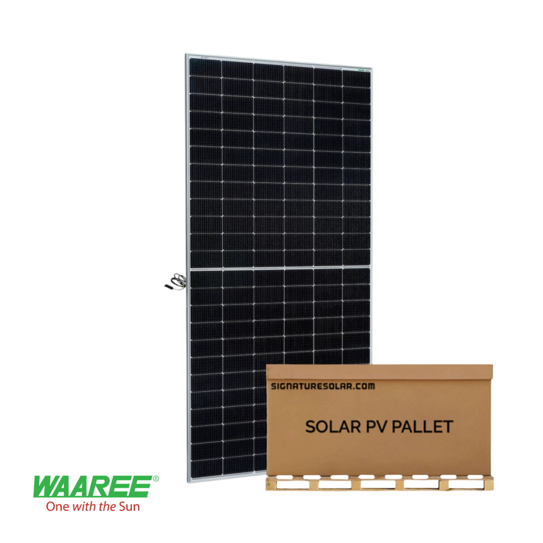 Waaree 575W Solar panel next to a box labeled 