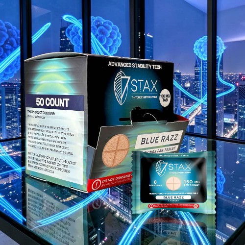 A box of 7STAX supplements with a city skyline background.