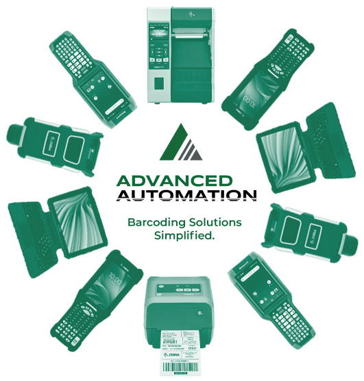 Image showing various barcoding equipment oriented in a circle around the Advanced Automation logo and tagline: Barcoding Solutions Simplified.