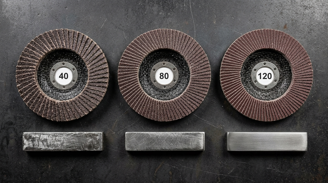 Overhead view of three flap discs in grit order — 40, 80, 120 — each with a metal bar sample showing the surface finish that grit produces