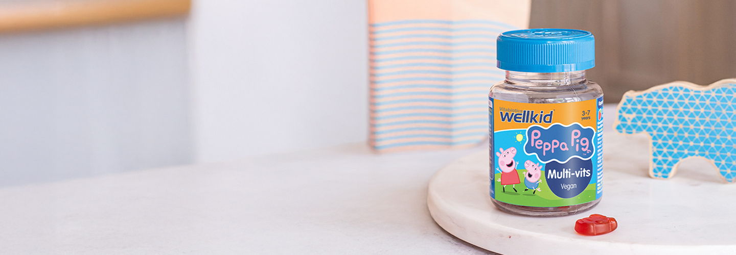  Specially developed for children aged 3 to 7 years, Wellkid Peppa Pig Multi-vitamins are ideal for George and Peppa fans alike. With these fun soft jellies, you can support diets throughout early childhood and provide Vitamins A, C and D as recommended by the Department of Health. 