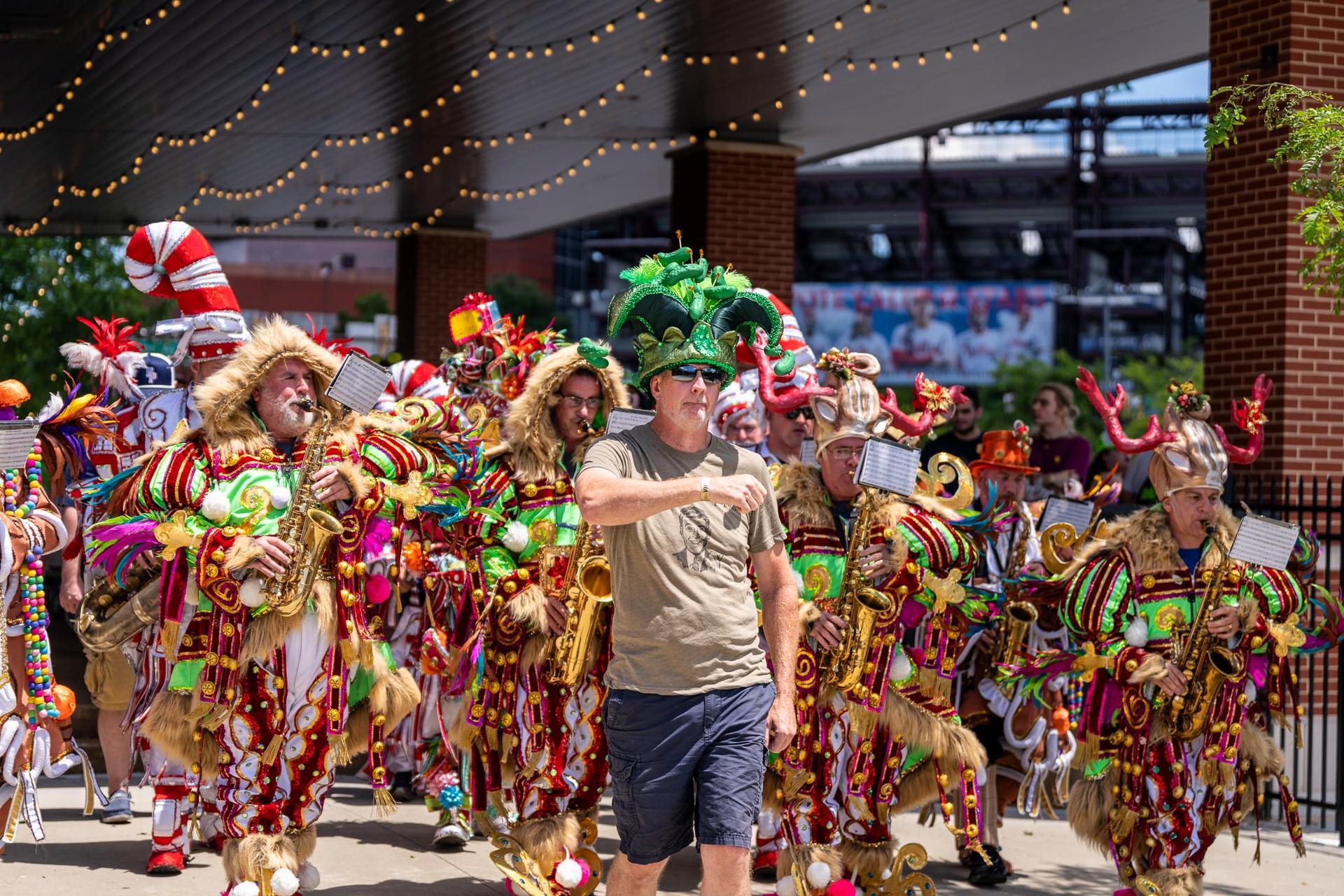 Preston Elliott of WMMR's Preston and Steve as the Grand Gherkin leading the Philadelphia Mummers at The Big Dill pickle festival in Philadelphia Pennsylvania 2024.