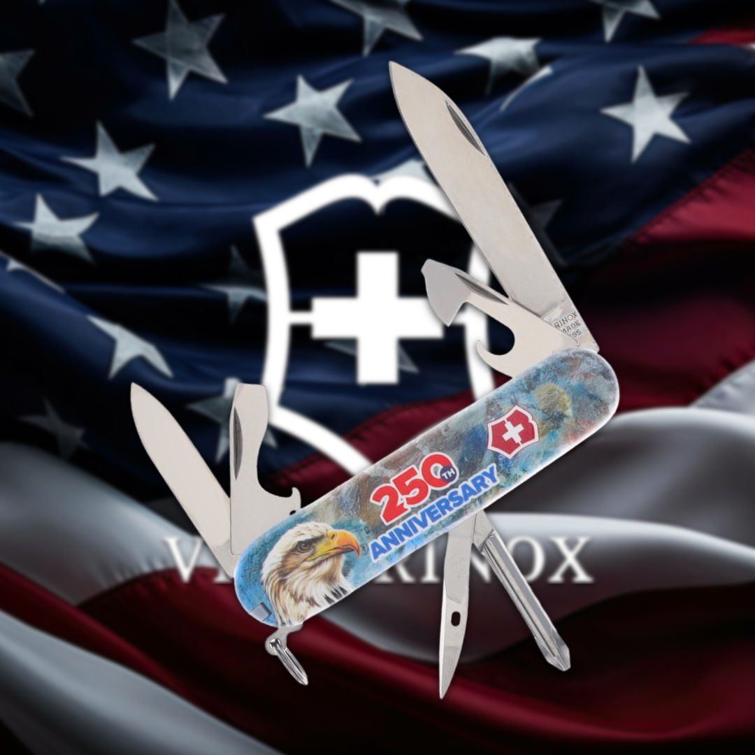 Swiss Army knife overlaid on a background of an American flag.