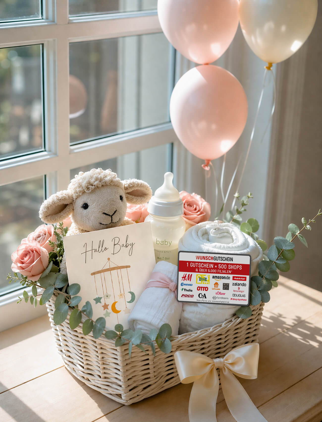 A baby gift basket with a stuffed sheep, flowers, and balloons.