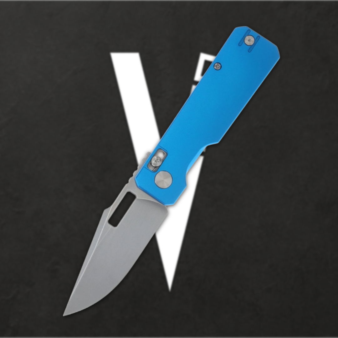 Blue folding knife on a dark background with a white logo.