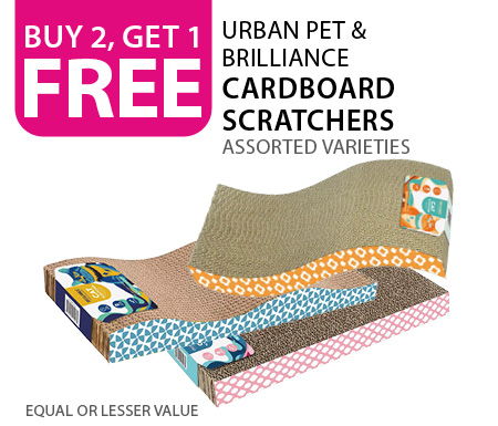 Buy 2, get 1 free Urban Pet & Brilliance Cardboard Scratchers. Equal or lesser value