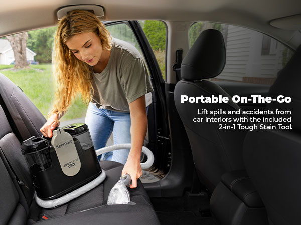 A woman cleans a car seat with Spotlite GO