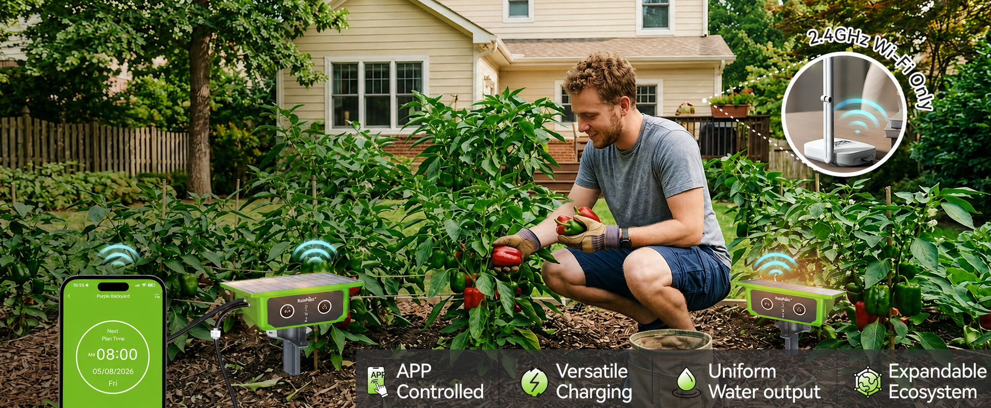 Person gardening near a house with plant care technology visible.