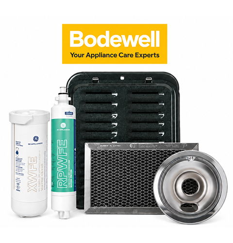 Appliance care products including filters and accessories with Bodewell logo.