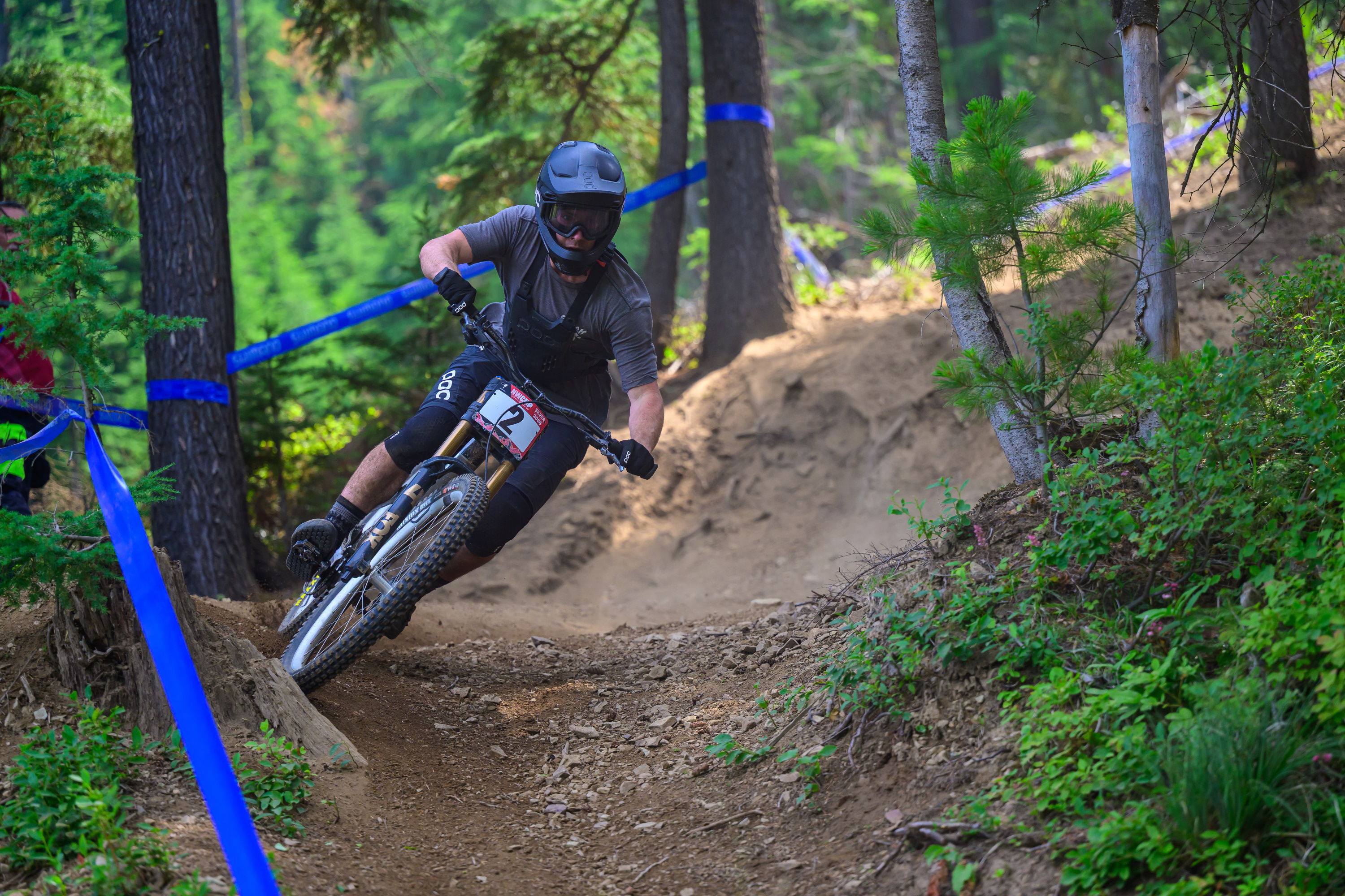 Mountain biker navigating a dirt trail surrounded by trees and blue markers.
