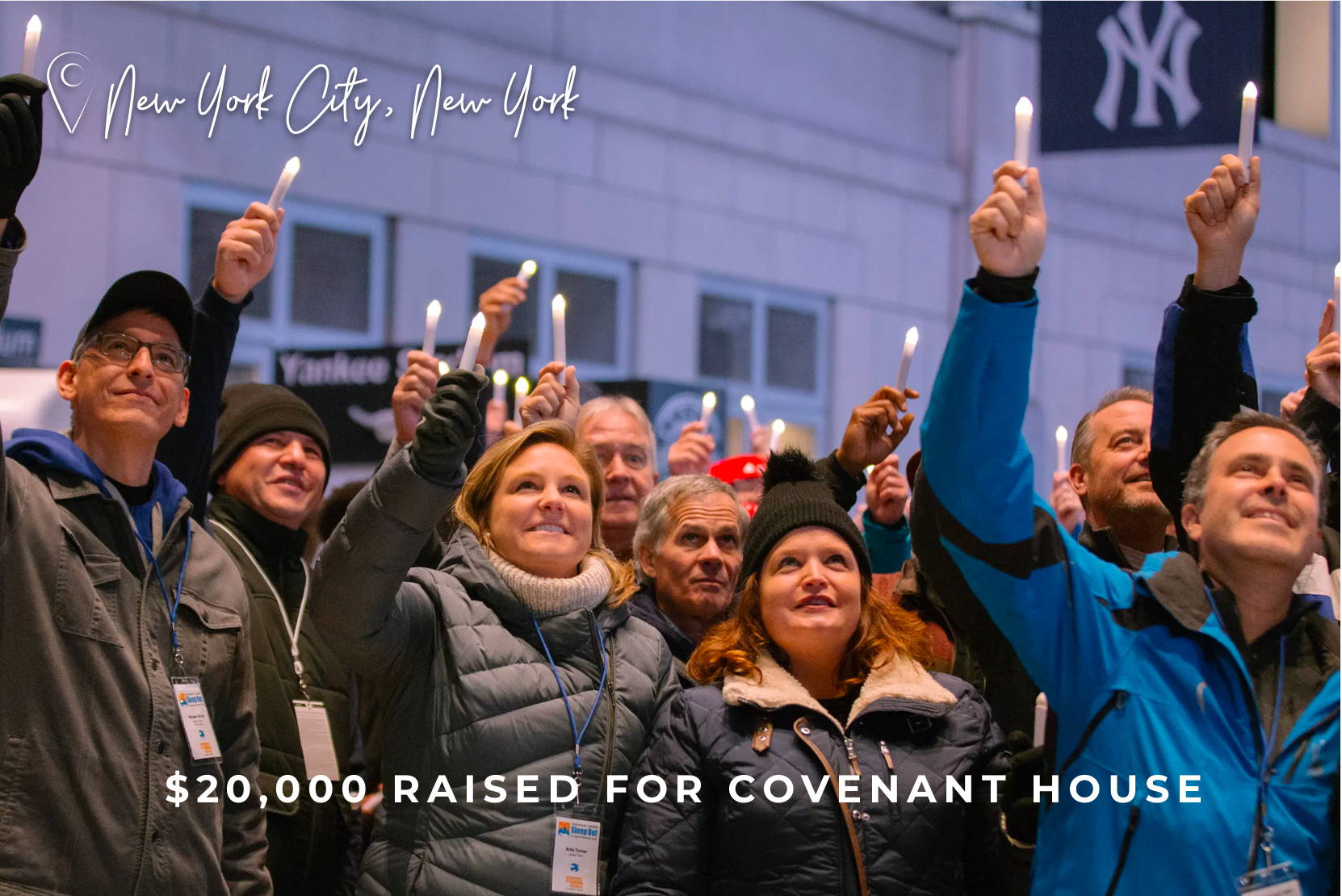 New York City, New York - The Leesa Executive Leadership Team holding candles at the Executive Sleep Out in Yankee Stadium