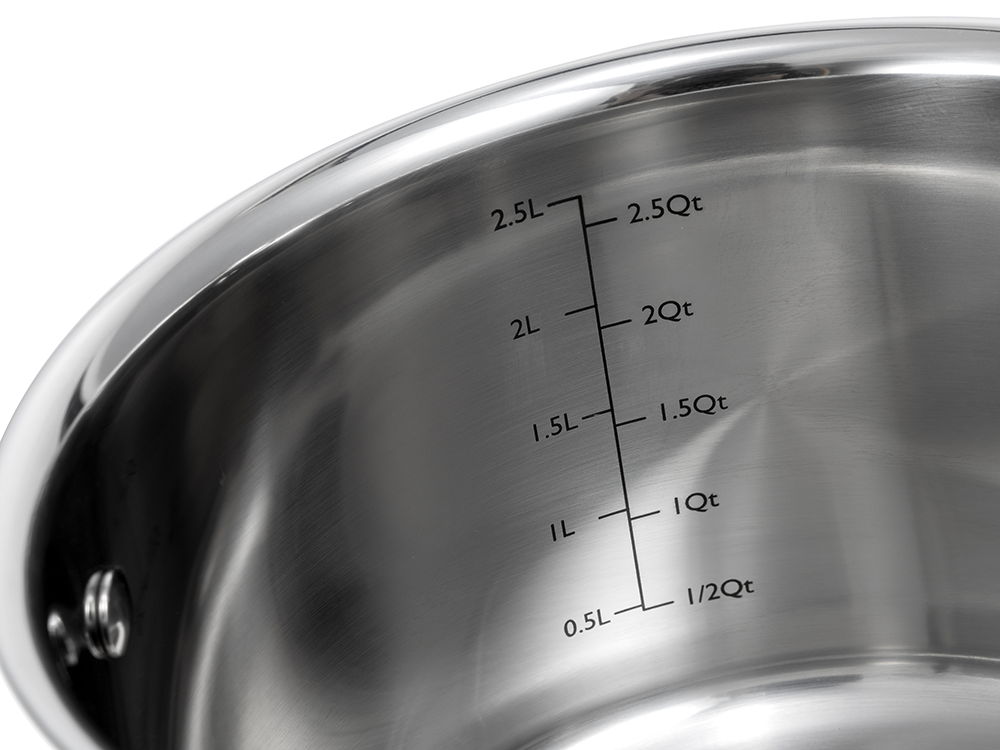 316 Series stainless-steel saucepan interior with measurement markings.