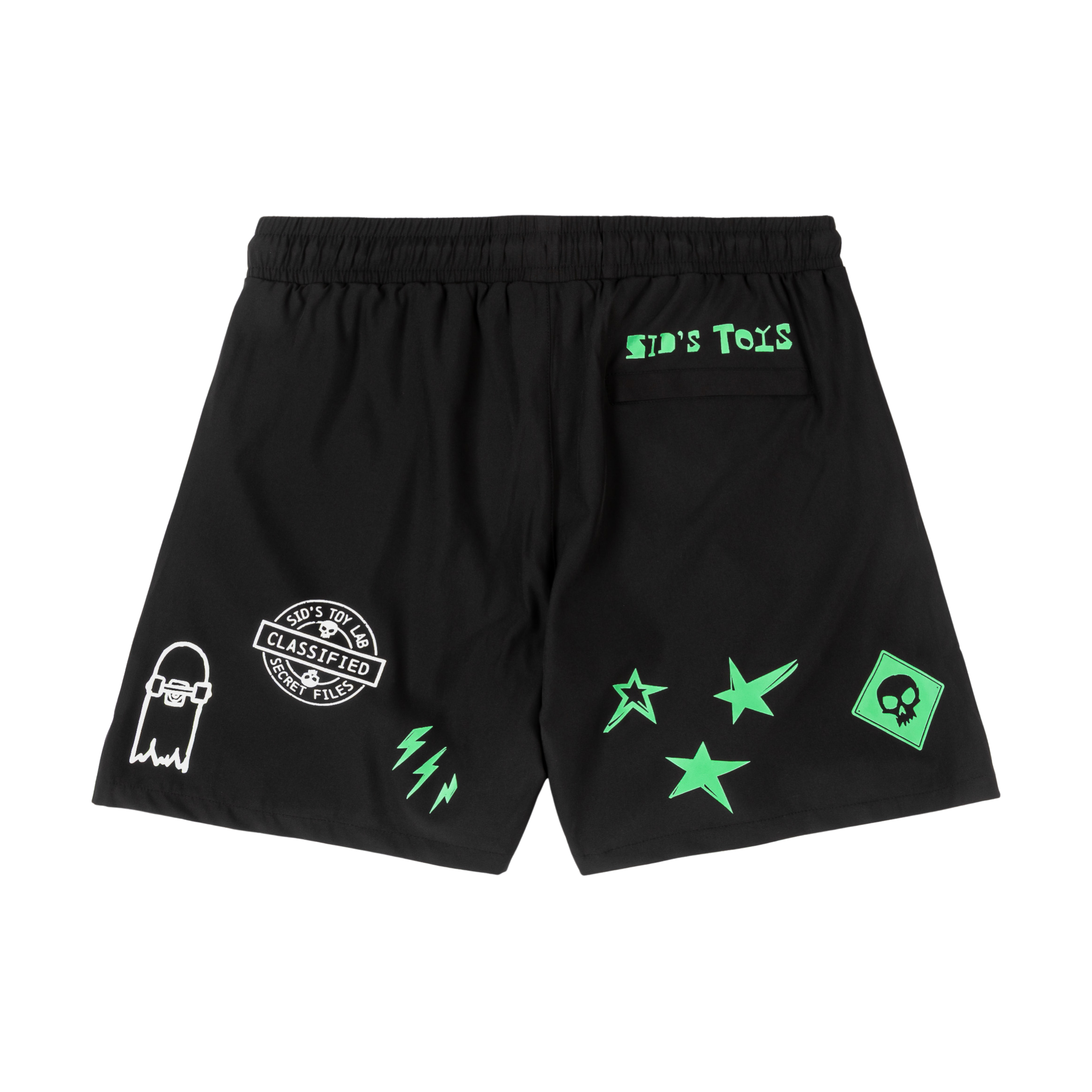 Black shorts with various graphic prints, including flames and skulls.
