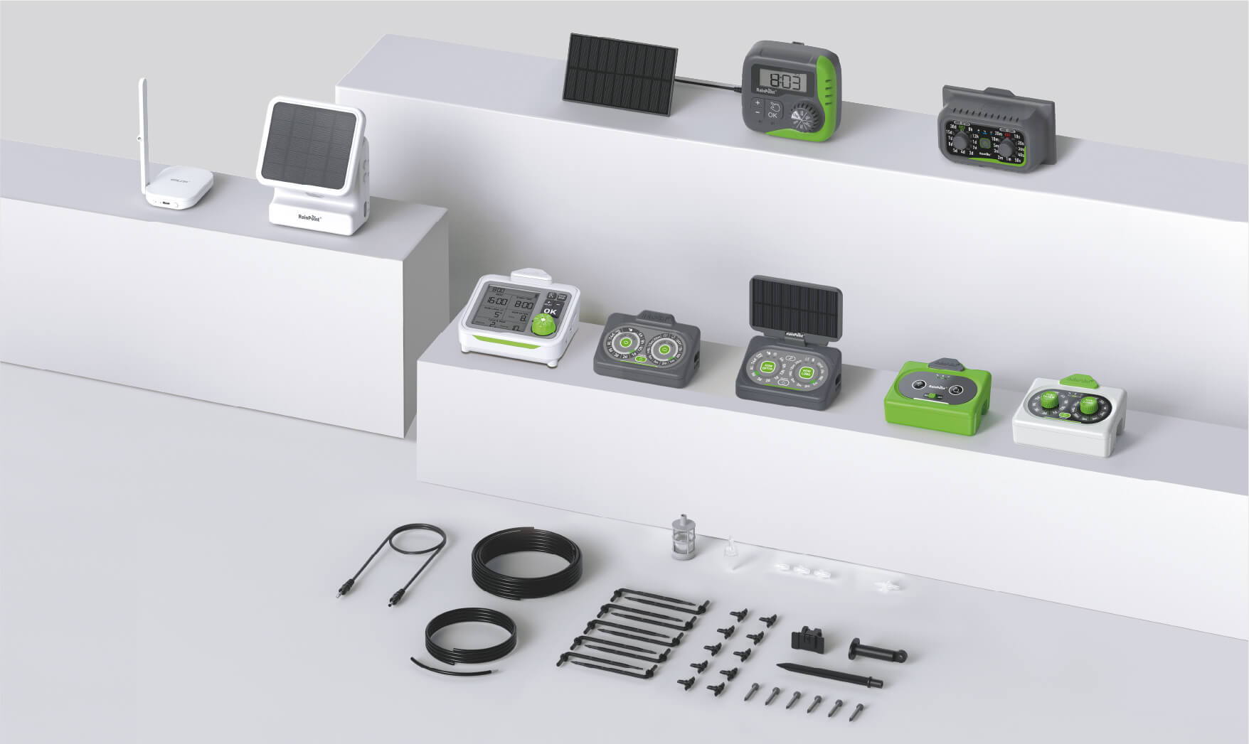 Various electronic devices and components displayed on a white surface.