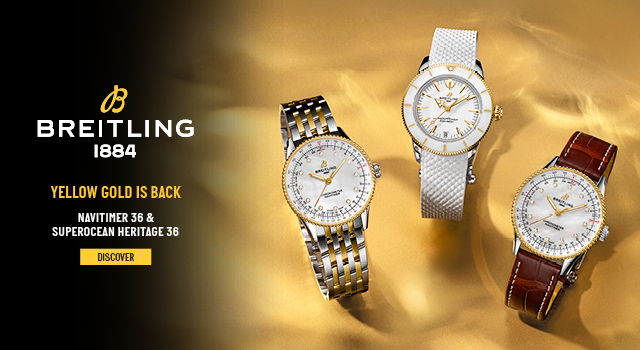 Breitling watches displayed on a golden background with promotional text.
