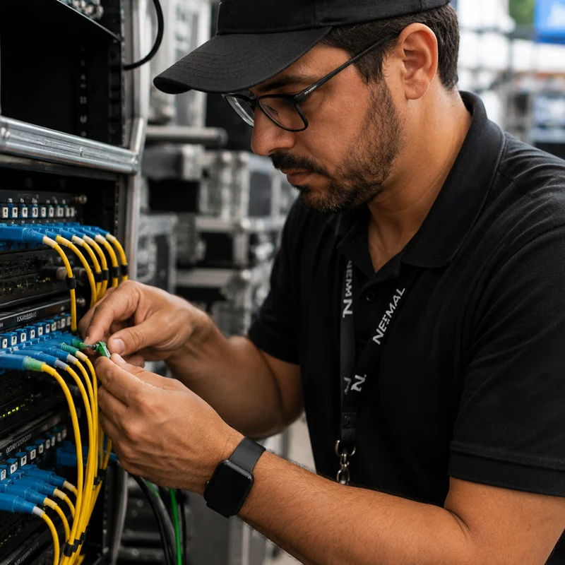 Técnico conectando fibra óptica em infraestrutura profissional de broadcast no Brasil.