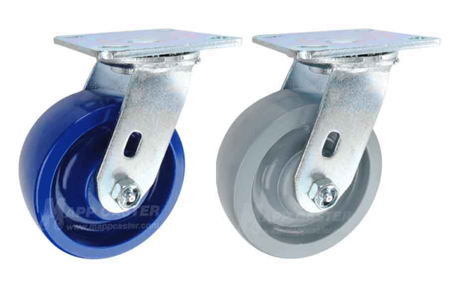 Blue & grey solid polyurethane plate casters - Floor protective, non-marking (chemical, water, grease & oil resistant), Food Safe
