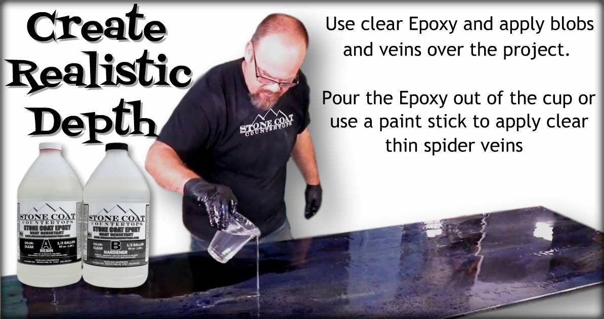 Apply clear epoxy in blobs and veins over the project. Pour from the cup or use a paint stick for thin spider veins.
