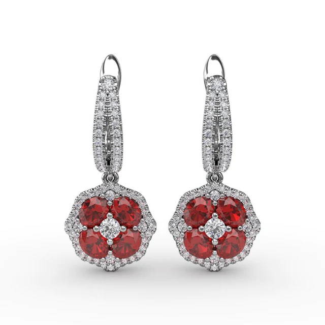 ruby and diamond halo dangle earrings