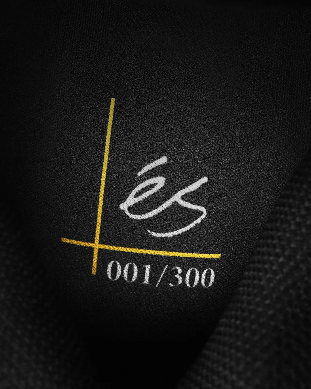 Logo of éS with edition number 001/300 on black background.