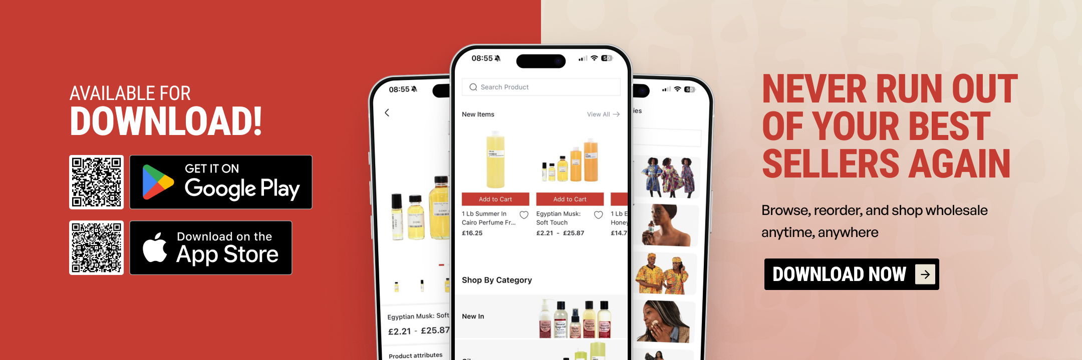 App promotion with download options for Google Play and App Store.