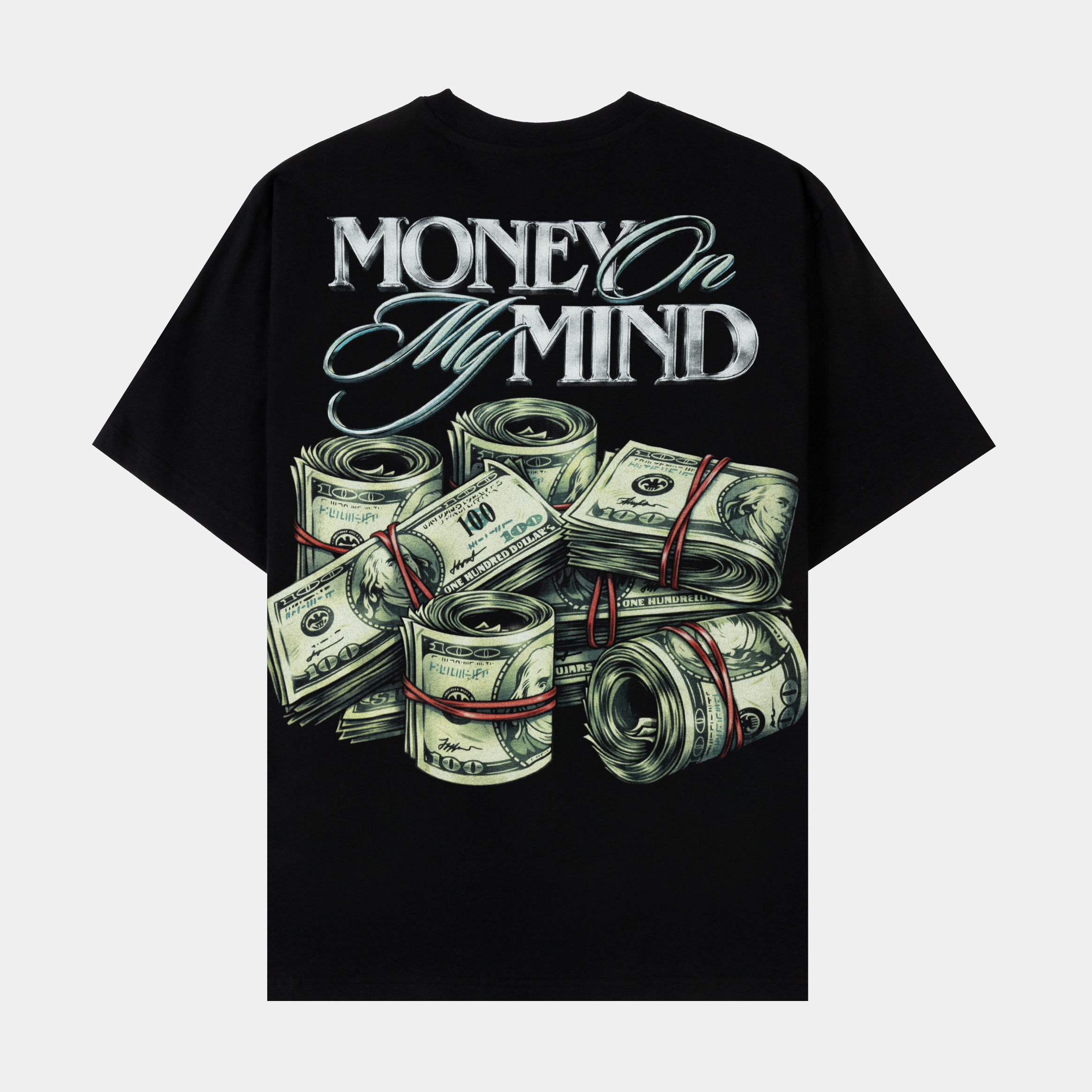 Black t-shirt featuring a skeleton hand holding cash.