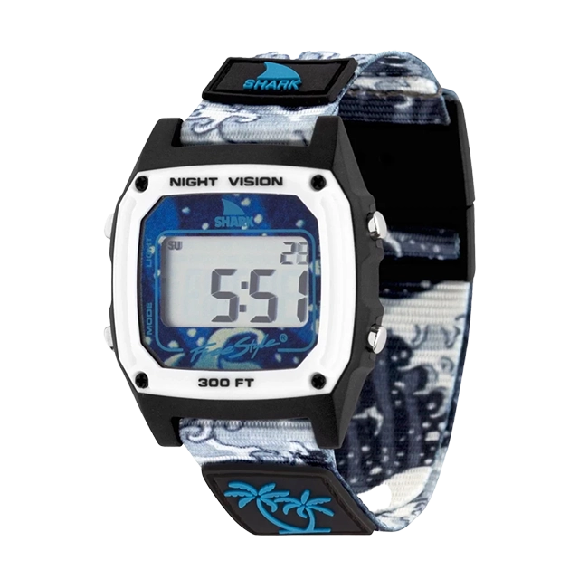 Digital watch with a blue and patterned strap displaying the time 5:51.