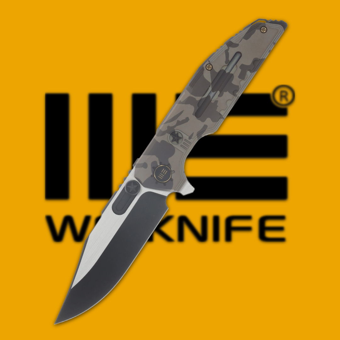 A folding knife with a patterned handle on an orange background.